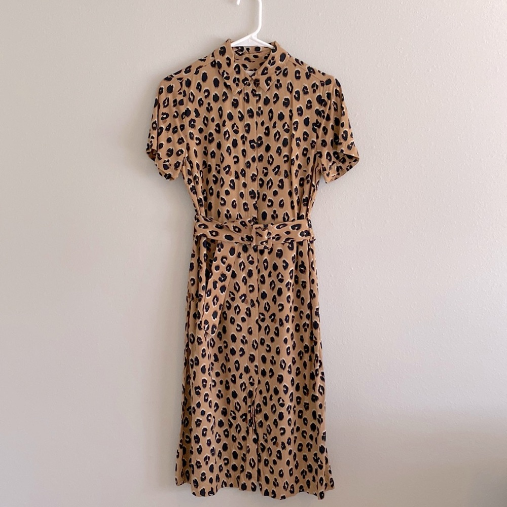 Leopard Print Belted Shirt Dress, XS